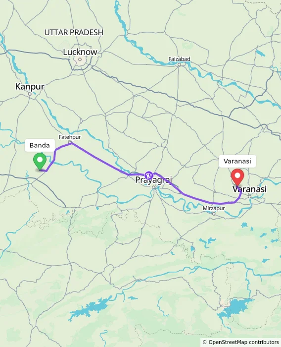 Route map showing distance and travel time from Banda, India to Varanasi, India