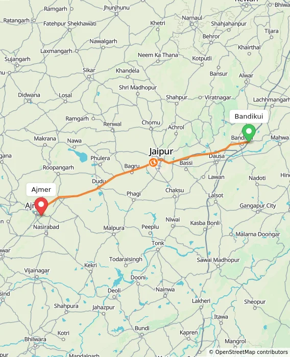 Route map showing distance and travel time from Bandikui, India to Ajmer, India