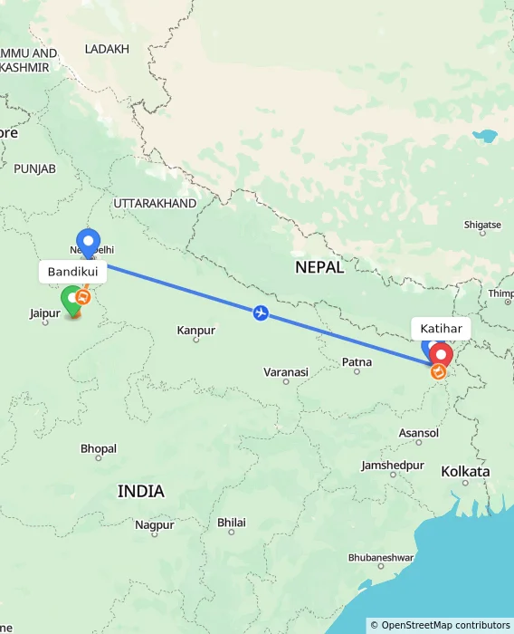 Route map showing distance and travel time from Bandikui, India to Katihar, India