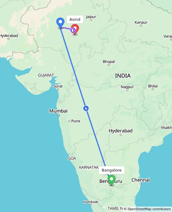 Route map showing distance and travel time from Bangalore, India to Asind, India