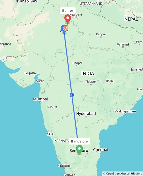 Route map showing distance and travel time from Bangalore, India to Bahror, India