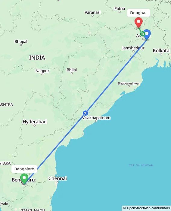 Route map showing distance and travel time from Bangalore, India to Deoghar, India