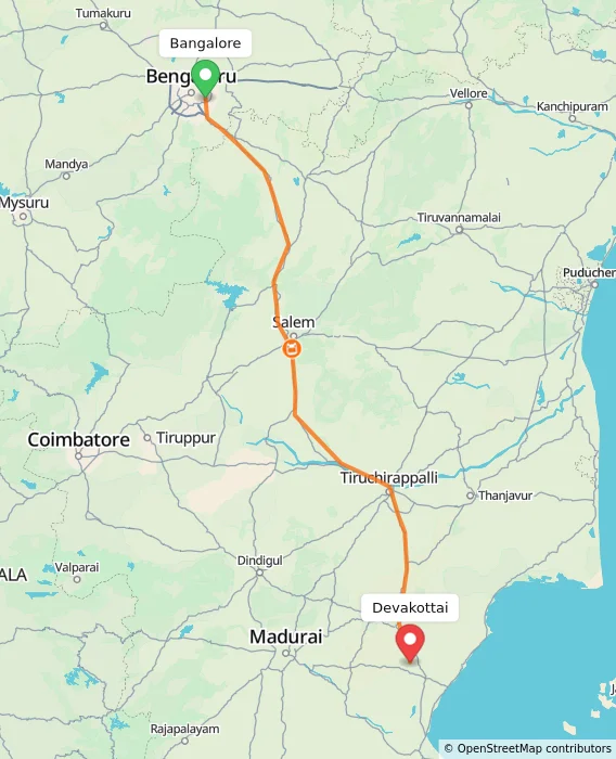 Route map showing distance and travel time from Bangalore, India to Devakottai, India