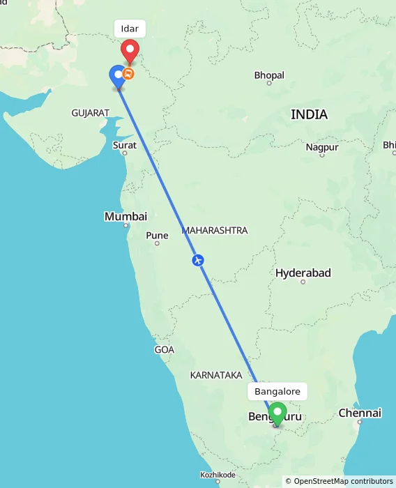 Route map showing distance and travel time from Bangalore, India to Idar, India