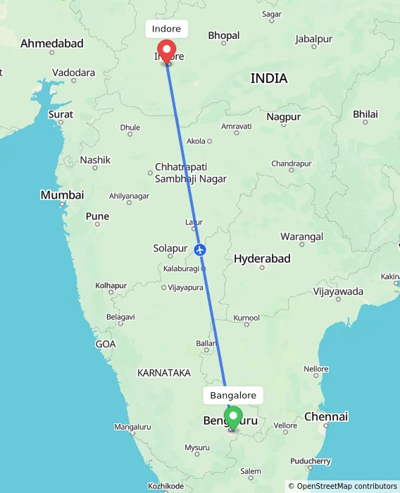 Route map showing distance and travel time from Bangalore, India to Indore, India