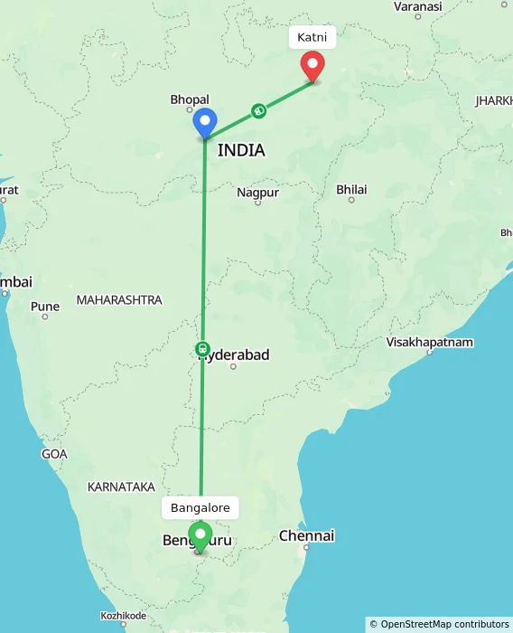 Route map showing distance and travel time from Bangalore, India to Katni, India