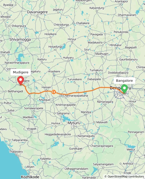 Route map showing distance and travel time from Bangalore, India to Mudigere, India