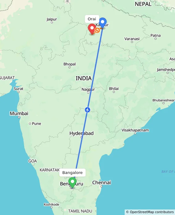 Route map showing distance and travel time from Bangalore, India to Orai, India