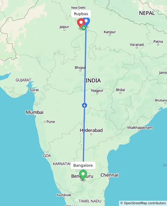 Route map showing distance and travel time from Bangalore, India to Rupbas, India