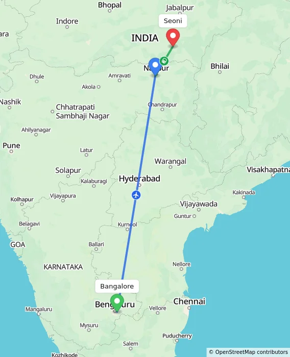 Route map showing distance and travel time from Bangalore, India to Seoni, India