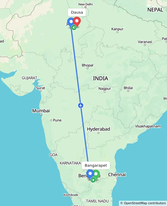 Route map showing distance and travel time from Bangarapet, India to Dausa, India