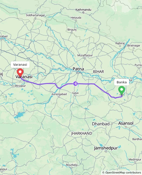Route map showing distance and travel time from Banka, India to Varanasi, India