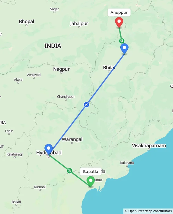 Route map showing distance and travel time from Bapatla, India to Anuppur, India