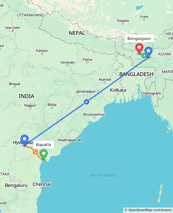 Route map showing distance and travel time from Bapatla, India to Bongaigaon, India