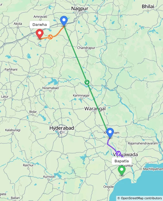 Route map showing distance and travel time from Bapatla, India to Darwha, India
