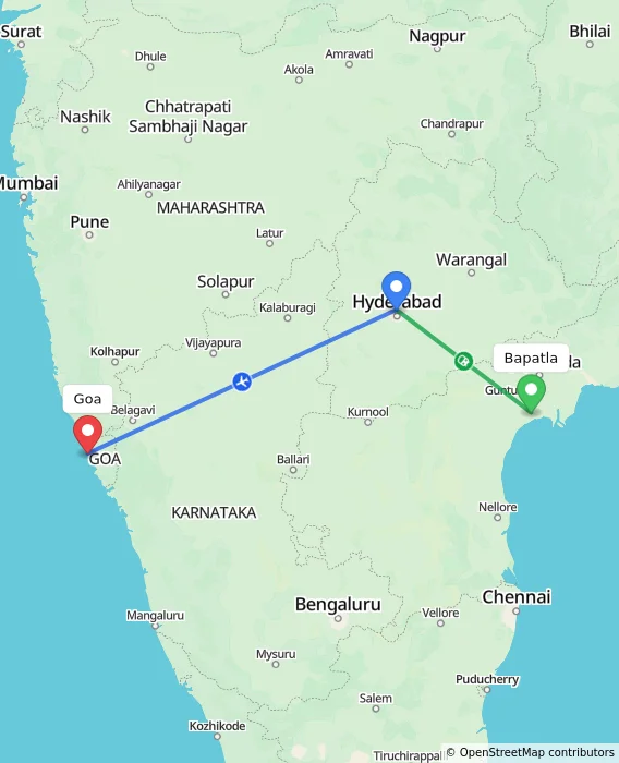 Route map showing distance and travel time from Bapatla, India to Goa, India