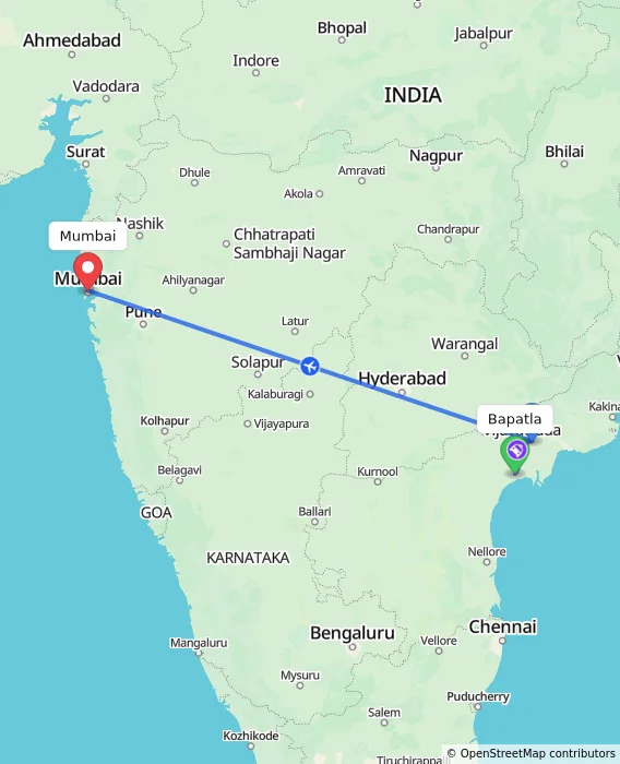 Route map showing distance and travel time from Bapatla, India to Mumbai, India