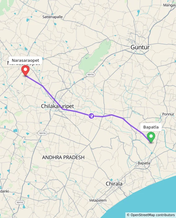Route map showing distance and travel time from Bapatla, India to Narasaraopet, India