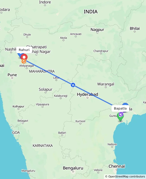 Route map showing distance and travel time from Bapatla, India to Rahuri, India