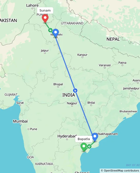 Route map showing distance and travel time from Bapatla, India to Sunam, India