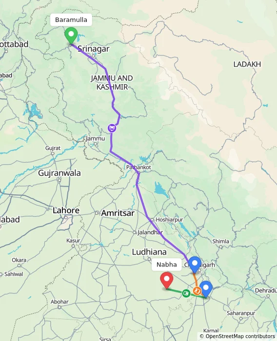 Route map showing distance and travel time from Baramulla, India to Nabha, India