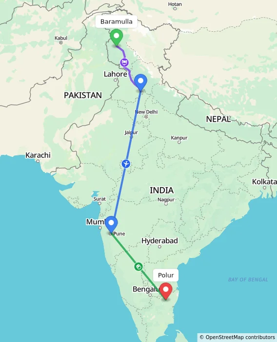 Route map showing distance and travel time from Baramulla, India to Polur, India