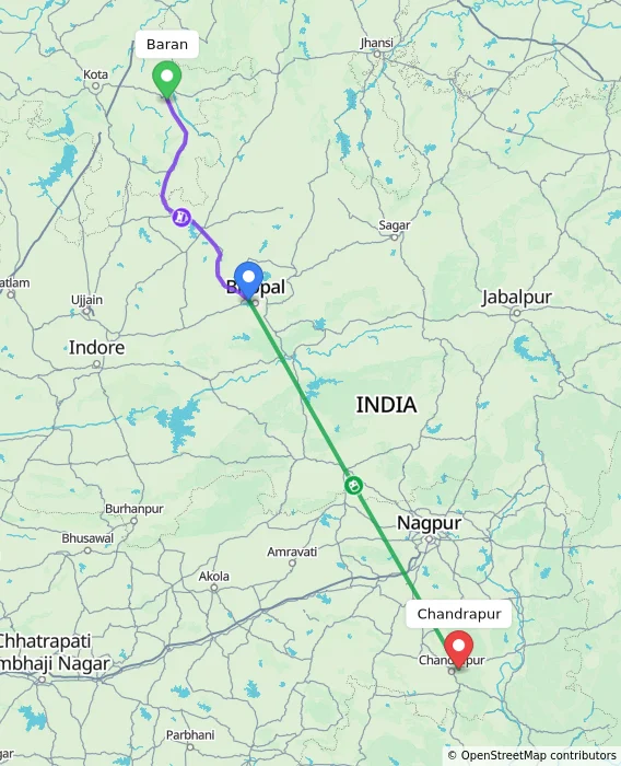 Route map showing distance and travel time from Baran, India to Chandrapur, India