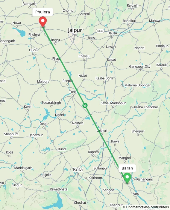 Route map showing distance and travel time from Baran, India to Phulera, India