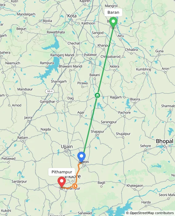Route map showing distance and travel time from Baran, India to Pithampur, India