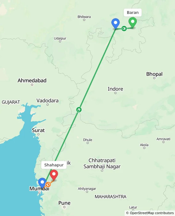 Route map showing distance and travel time from Baran, India to Shahapur, India