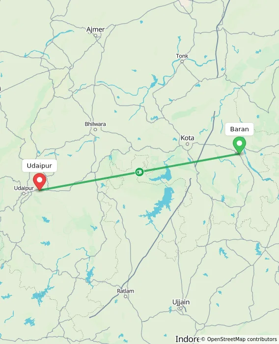 Route map showing distance and travel time from Baran, India to Udaipur, India