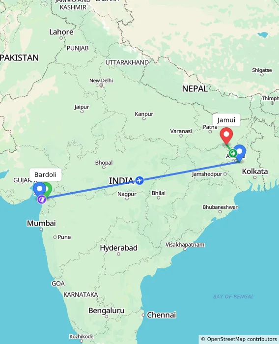 Route map showing distance and travel time from Bardoli, India to Jamui, India