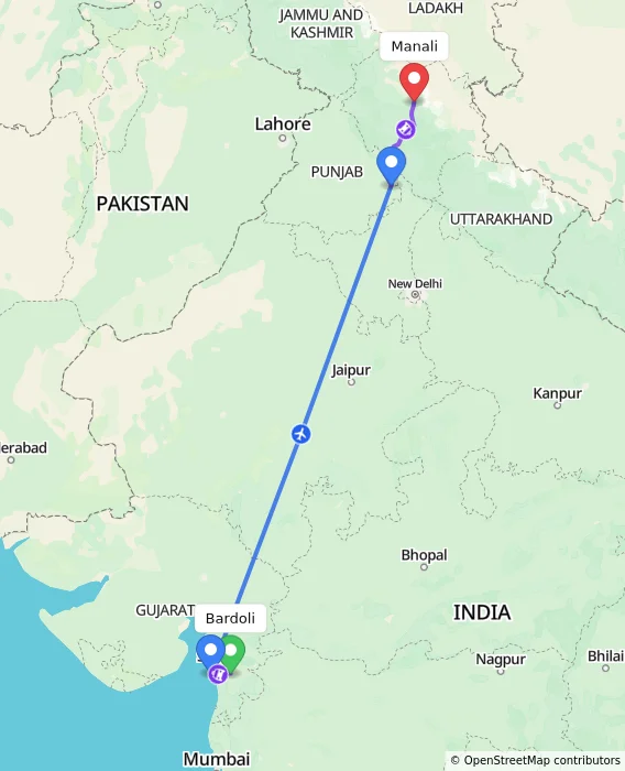 Route map showing distance and travel time from Bardoli, India to Manali, India