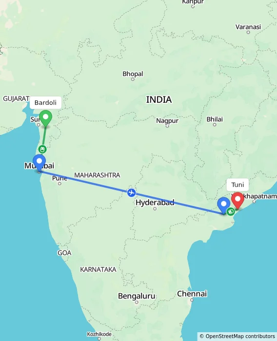 Route map showing distance and travel time from Bardoli, India to Tuni, India