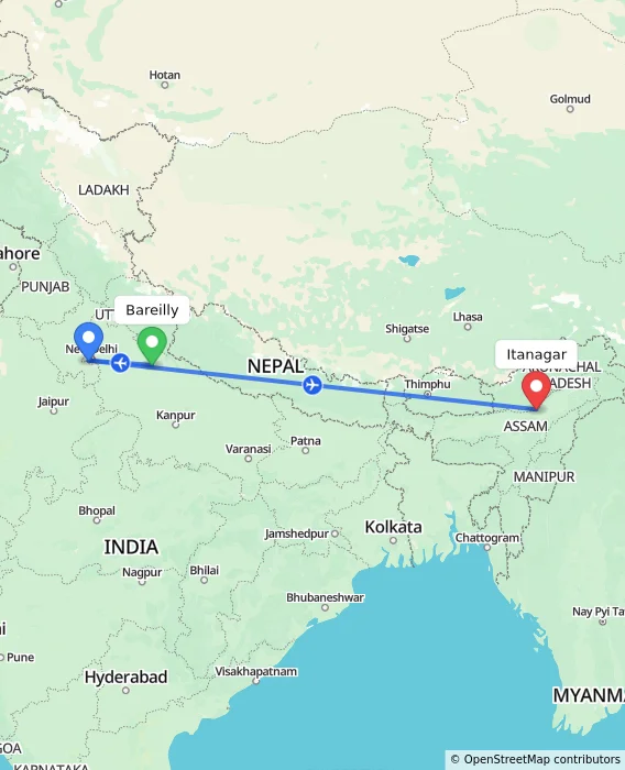 Route map showing distance and travel time from Bareilly, India to Itanagar, India