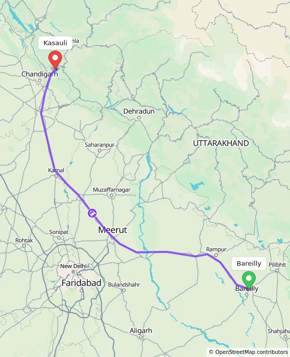 Route map showing distance and travel time from Bareilly, India to Kasauli, India