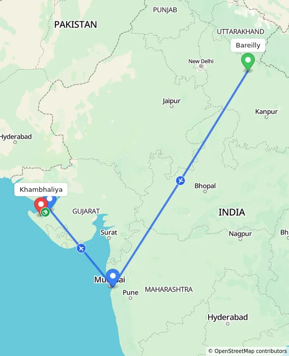 Route map showing distance and travel time from Bareilly, India to Khambhaliya, India