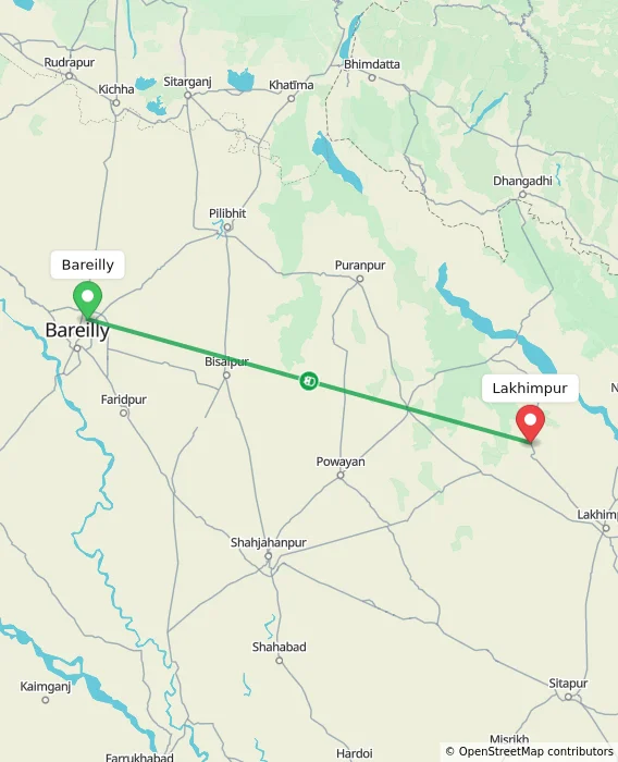Route map showing distance and travel time from Bareilly, India to Lakhimpur, India