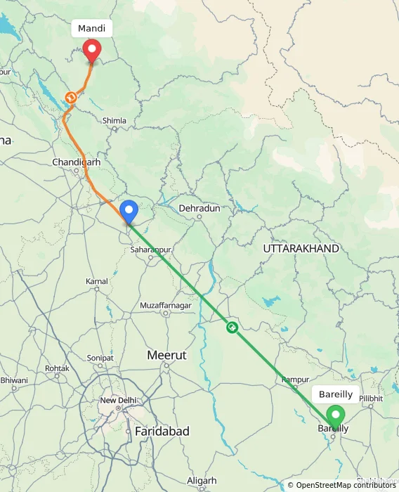 Route map showing distance and travel time from Bareilly, India to Mandi, India