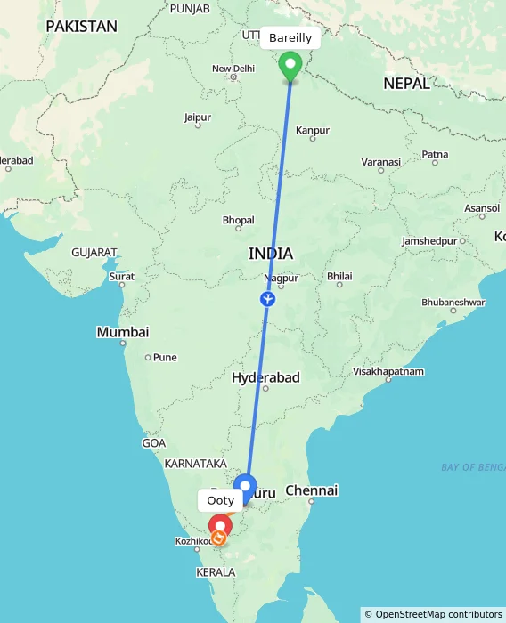 Route map showing distance and travel time from Bareilly, India to Ooty, India