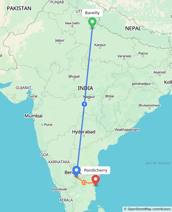 Route map showing distance and travel time from Bareilly, India to Pondicherry, India
