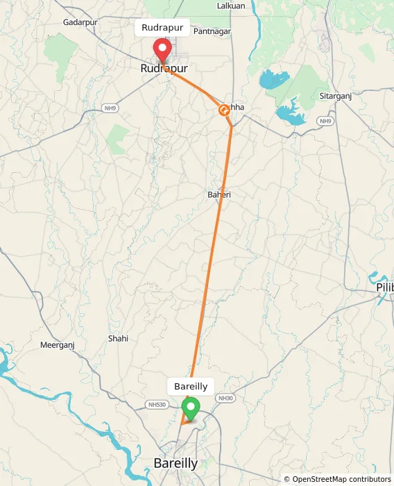 Route map showing distance and travel time from Bareilly, India to Rudrapur, India