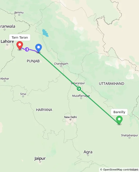 Route map showing distance and travel time from Bareilly, India to Tarn Taran, India