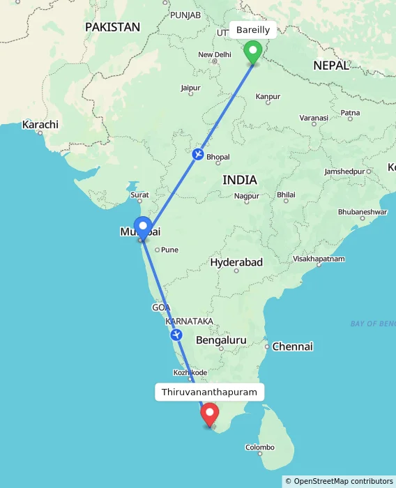 Route map showing distance and travel time from Bareilly, India to Thiruvananthapuram, India