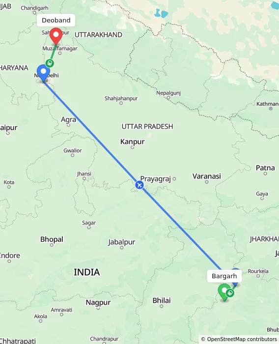 Route map showing distance and travel time from Bargarh, India to Deoband, India