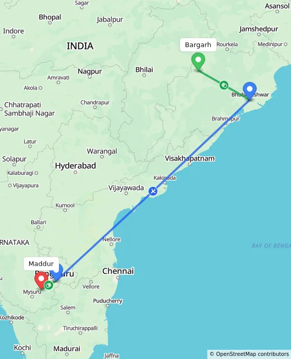 Route map showing distance and travel time from Bargarh, India to Maddur, India