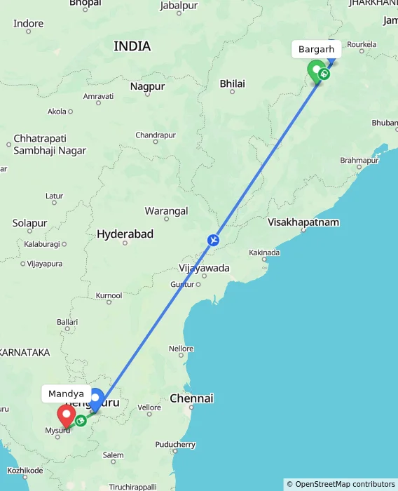 Route map showing distance and travel time from Bargarh, India to Mandya, India