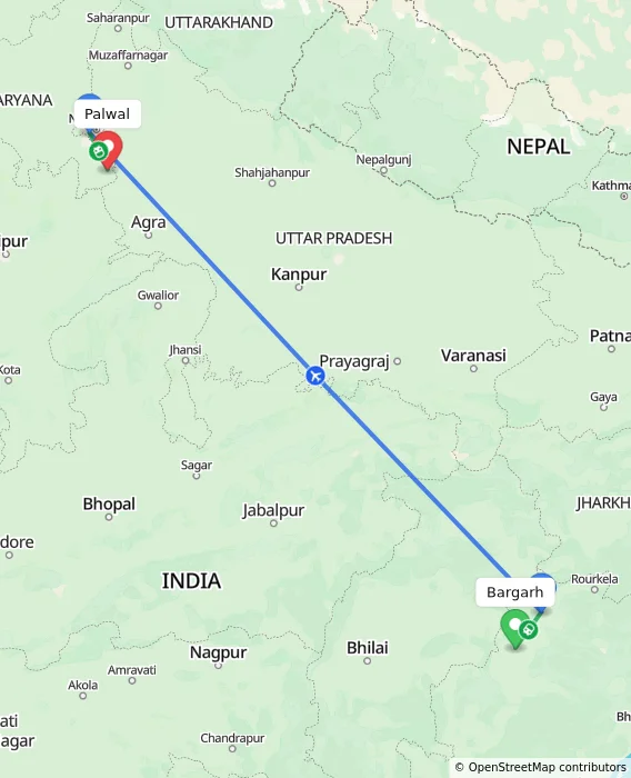 Route map showing distance and travel time from Bargarh, India to Palwal, India