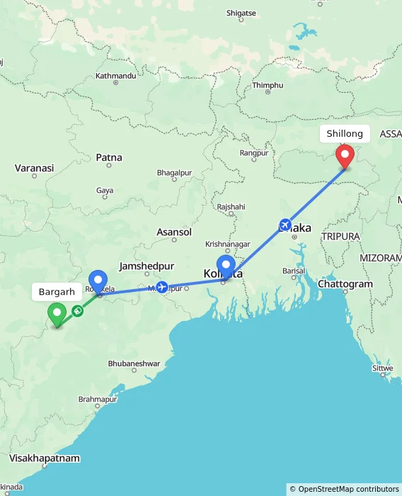 Route map showing distance and travel time from Bargarh, India to Shillong, India