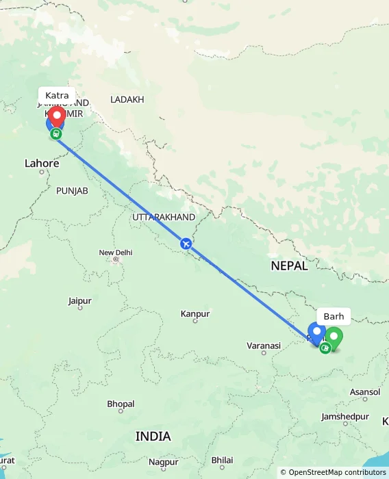 Route map showing distance and travel time from Barh, India to Katra, India